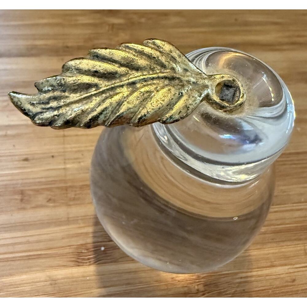 Vintage Clear Glass Pear Shaped Brass Leaf Paper Weight Taiwan 3 Inches